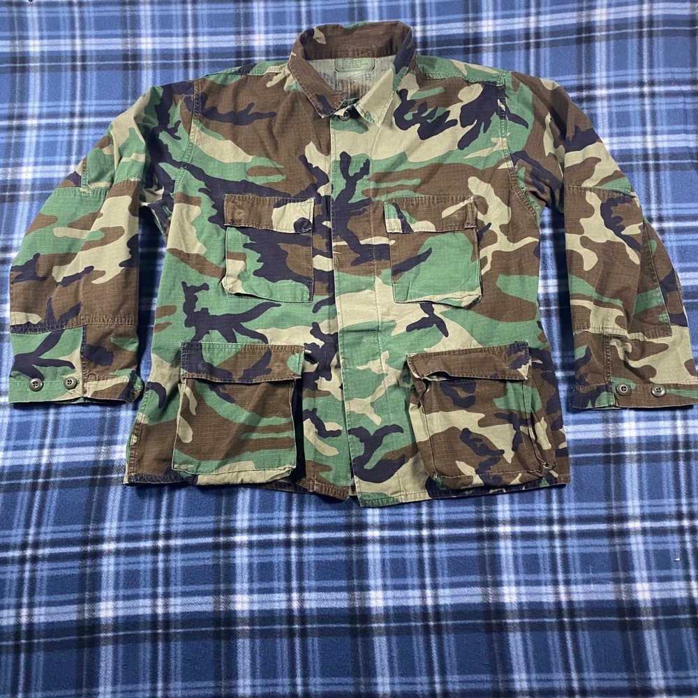 Vintage 1987 US Military Woodland Camo Combat Jacket Large Short 100% Cotton